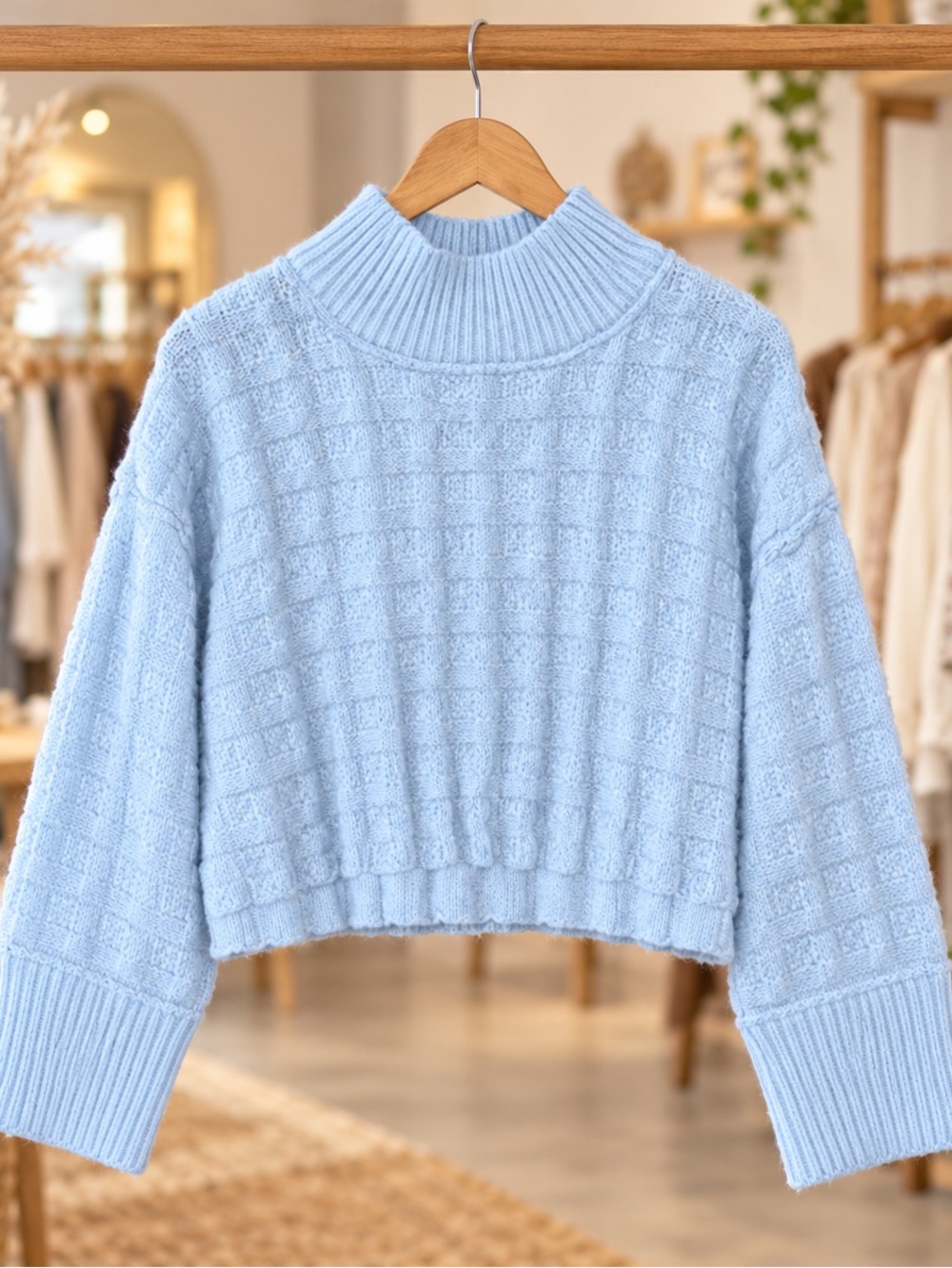 We The Free Free People Blue Soul Searcher Mock Neck Crop Sweater Medium Like Ne